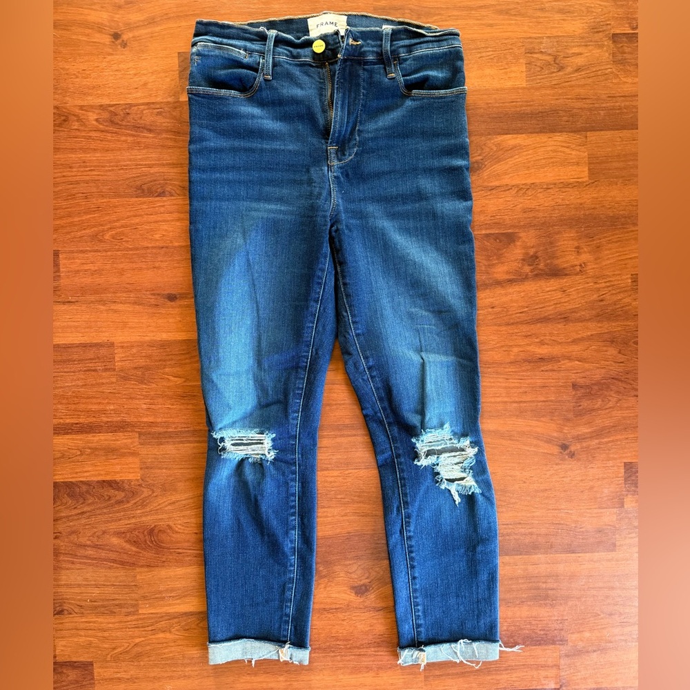 Frame Le‎ High Skinny Women’s Medium Wash Blue Distressed Jeans Pockets Size 27